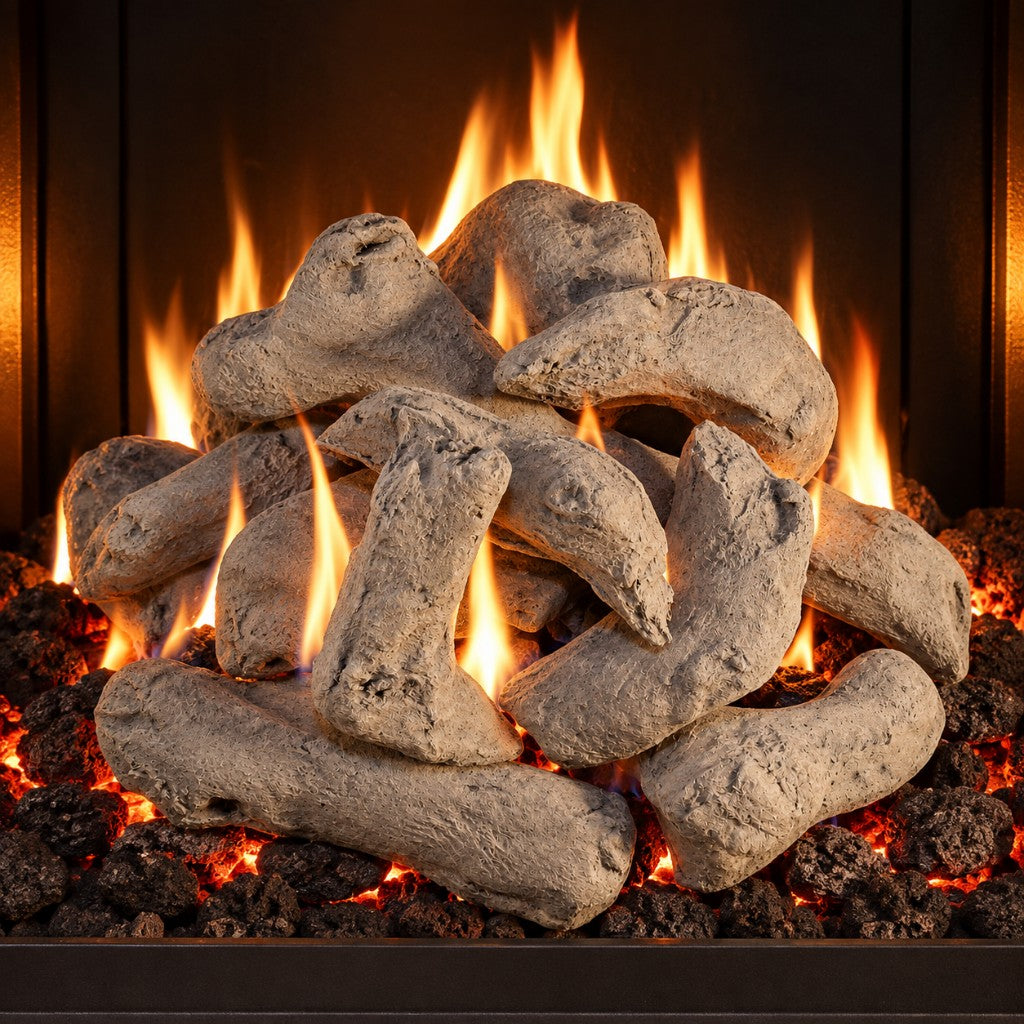 10 Piece HD Small Driftwood ceramic logs arranged on a lit gas fire bed