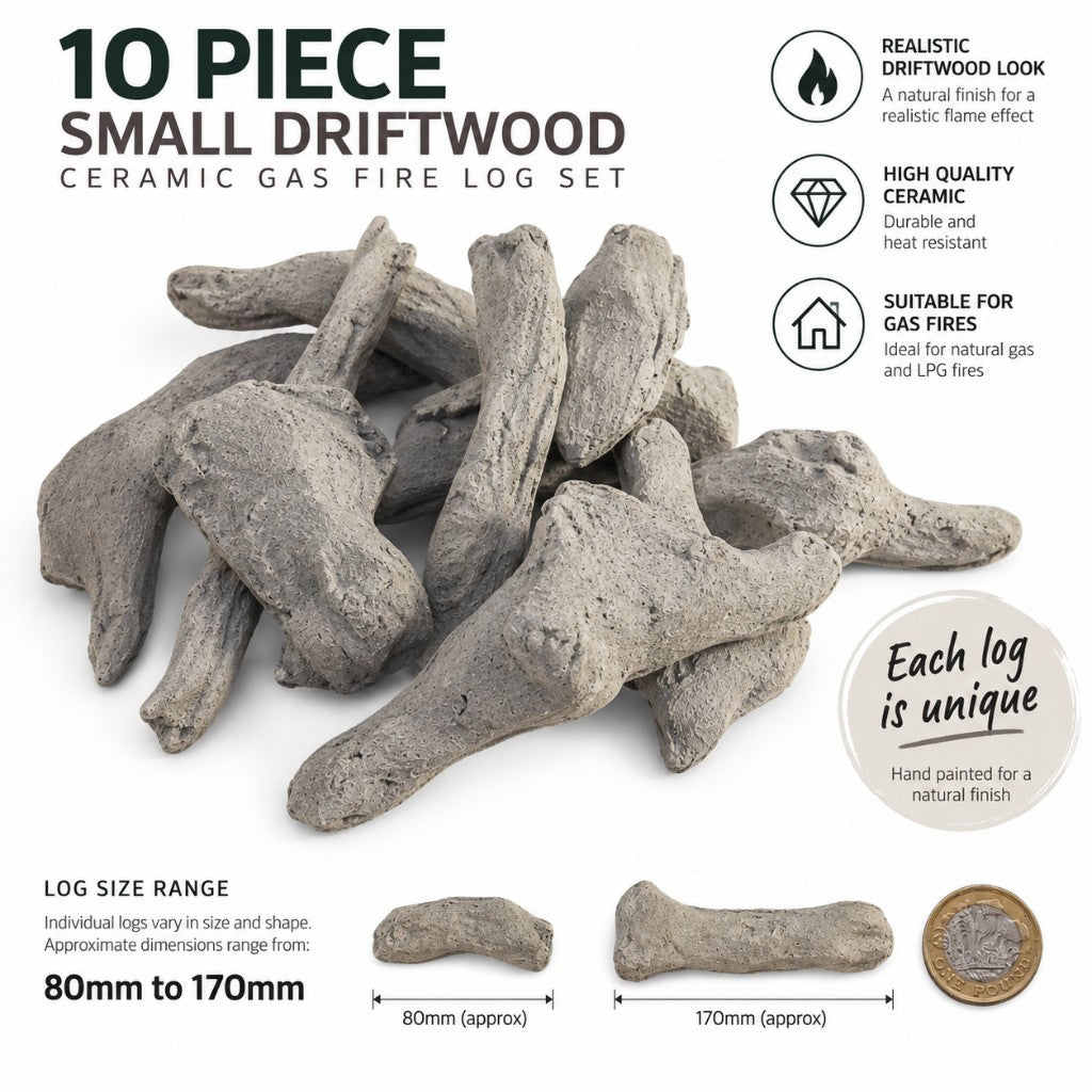 10 Piece HD Small Driftwood log size range 80mm to 170mm with £1 coin scale