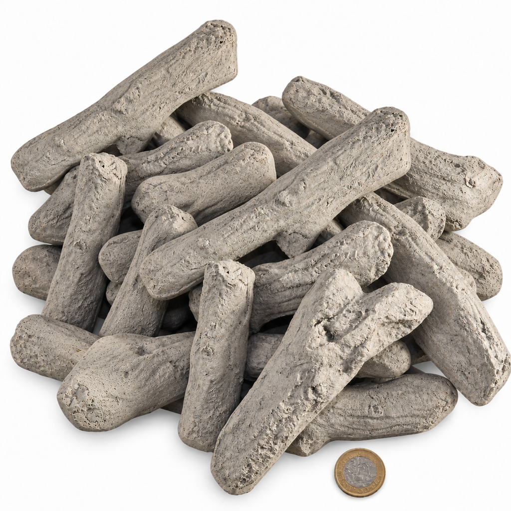 16 Piece Driftwood ceramic gas fire log set piled on a white background with a £1 coin for scale