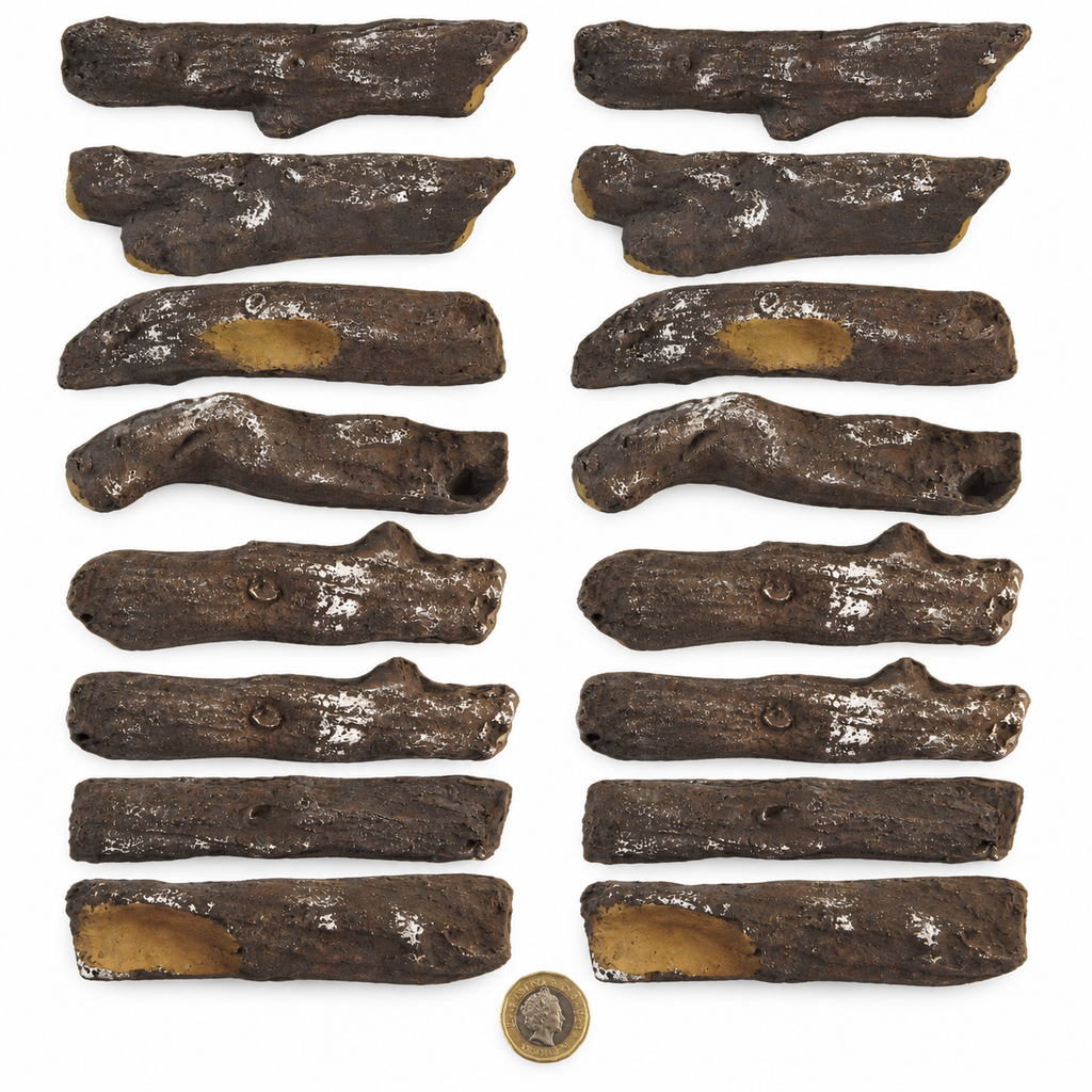 16 Piece Delamere ceramic gas fire logs laid out — two of each of the 8 shapes, with a £1 coin for scale