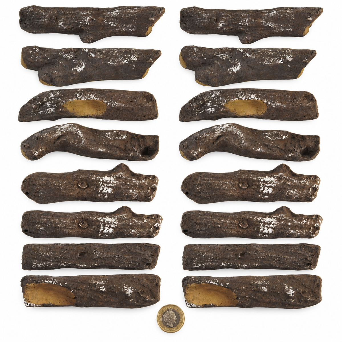 16 Piece Delamere ceramic gas fire logs laid out — two of each of the 8 shapes, with a £1 coin for scale