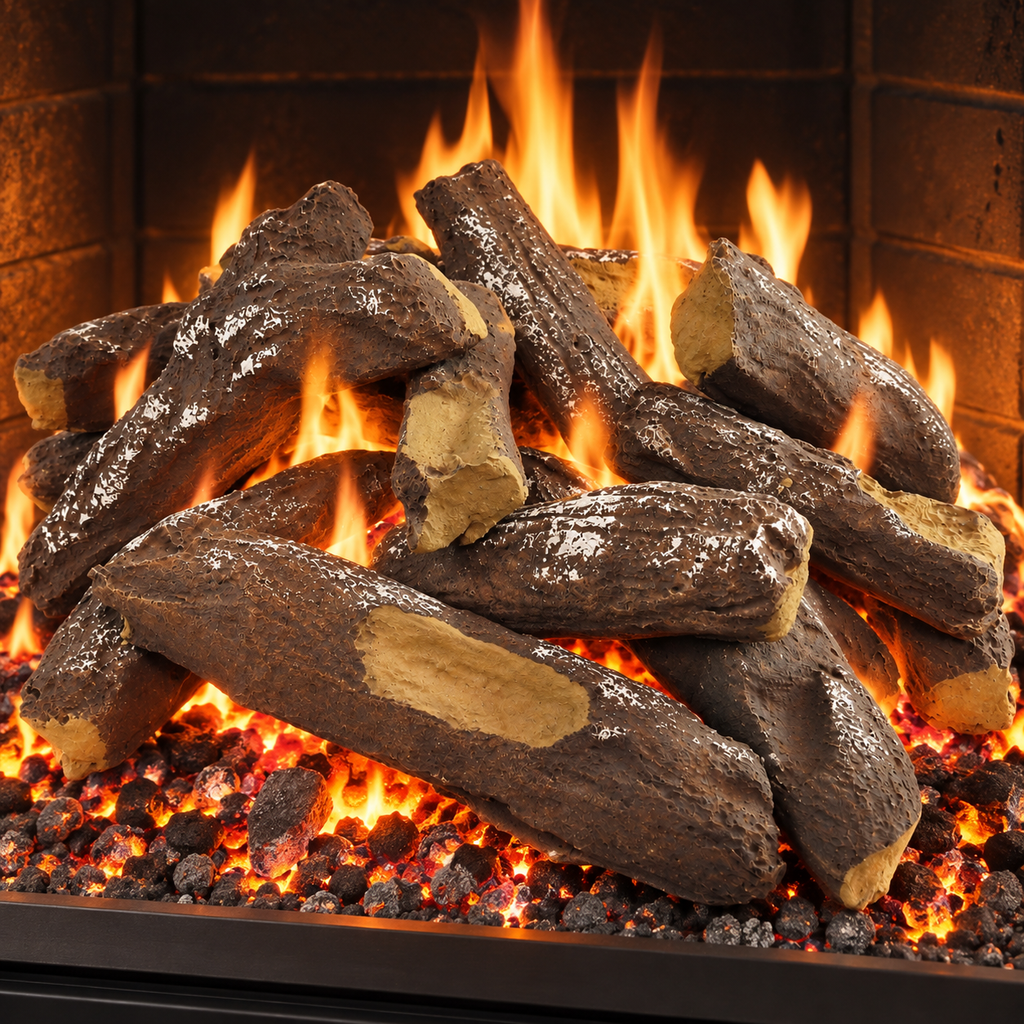 16 Piece Delamere ceramic logs arranged on a lit gas fire bed