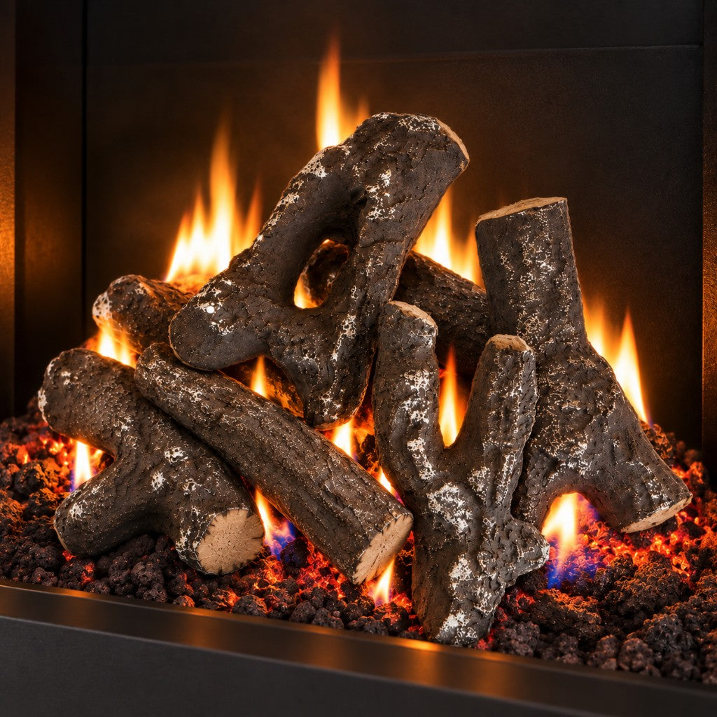 Wesley ceramic gas fire logs shown in a gas fire with flames