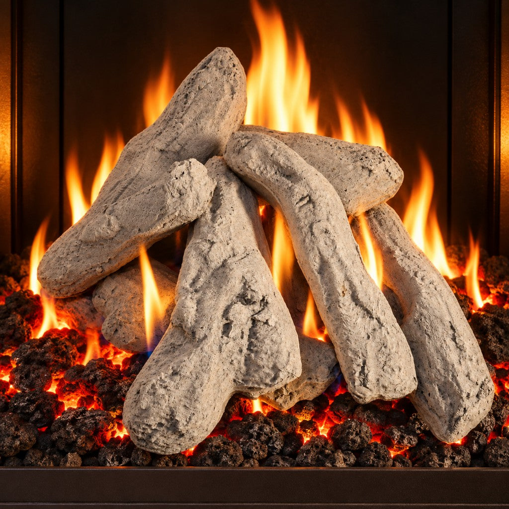 8 Piece Driftwood ceramic logs arranged on a lit gas fire bed