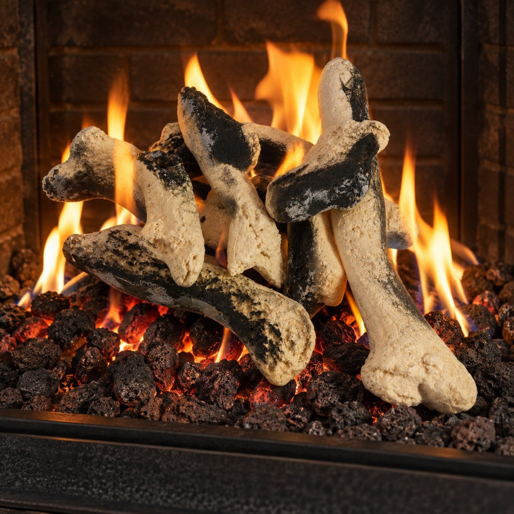 9 Piece Burnt Sand Coloured Effect Driftwood Set arranged on a lit gas fire bed. Lifestyle image for presentation only.