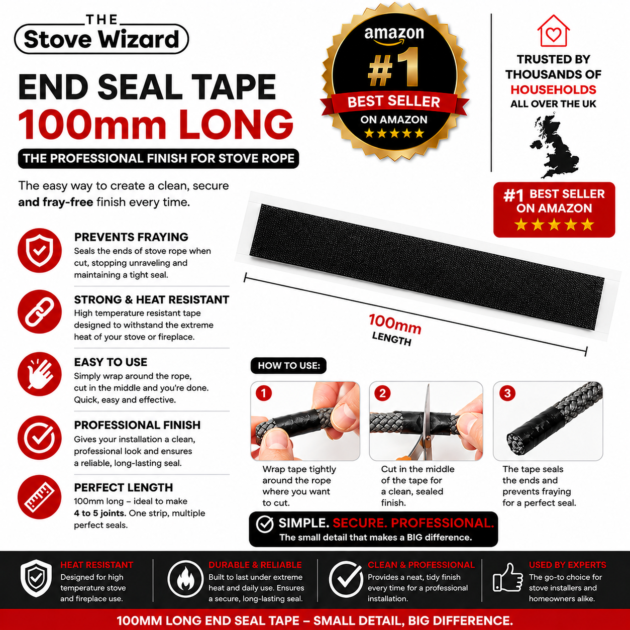 Stove Rope Heat Resistant Door Seal Black Log Wood Burner Free 100MM End Tape