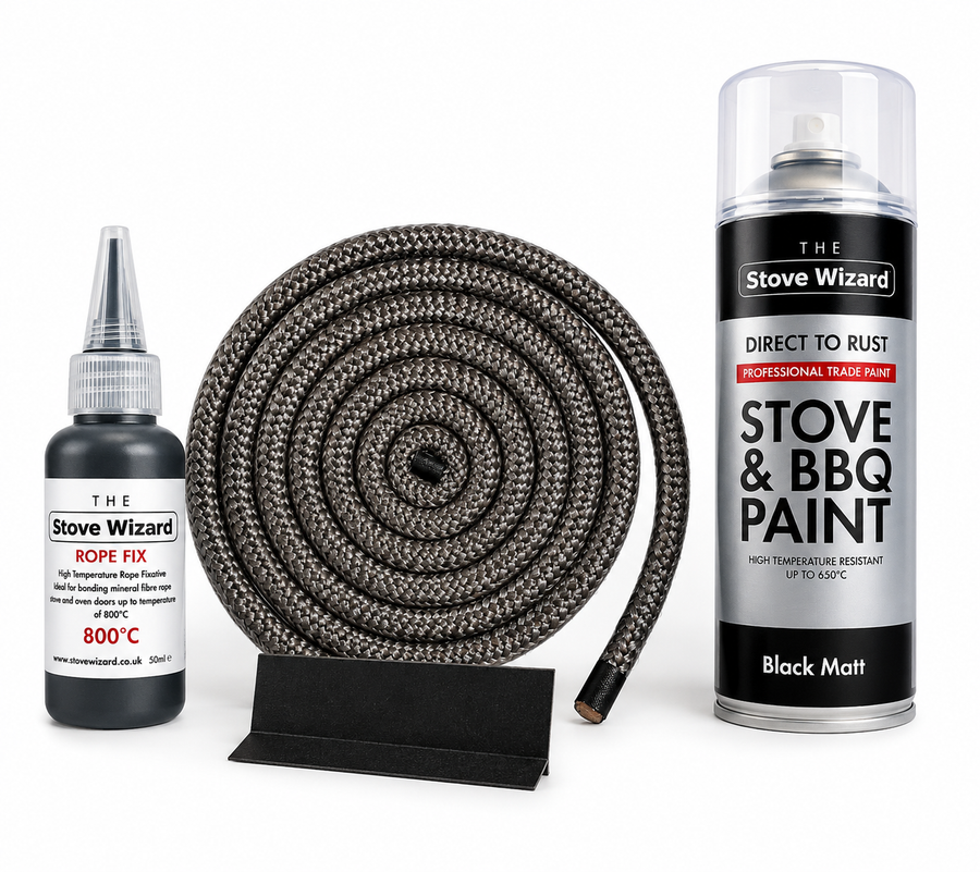 Black round stove rope kit with adhesive and accessories