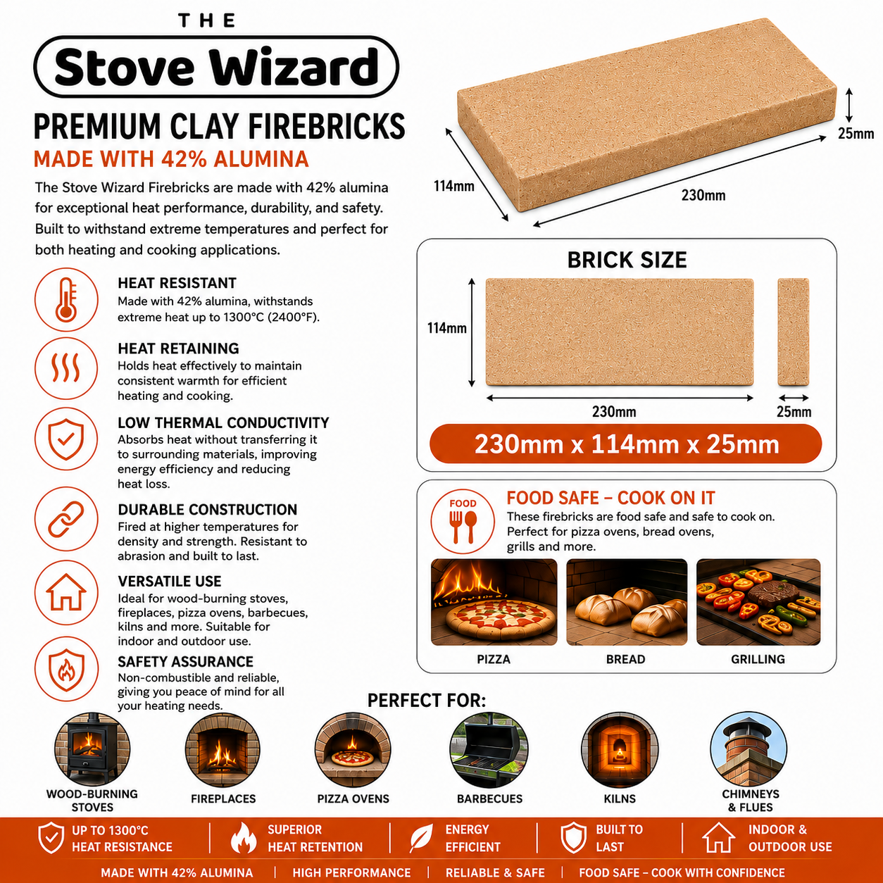 Premium Clay Fire Bricks 230mm x 114mm x 25mm