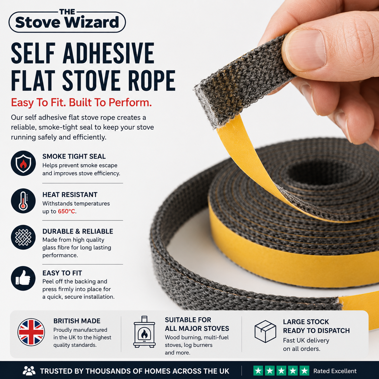 Self adhesive heat resistant stove rope sealant strip