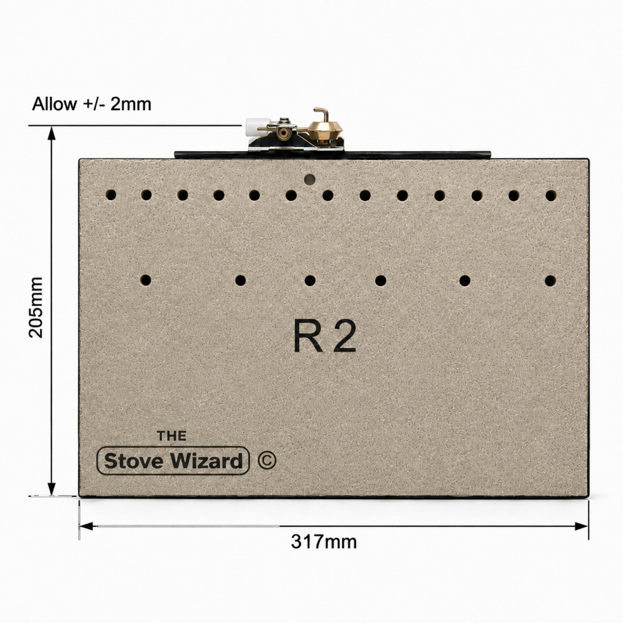 R2 inset gas fire burner dimensions, 317mm wide × 205mm deep