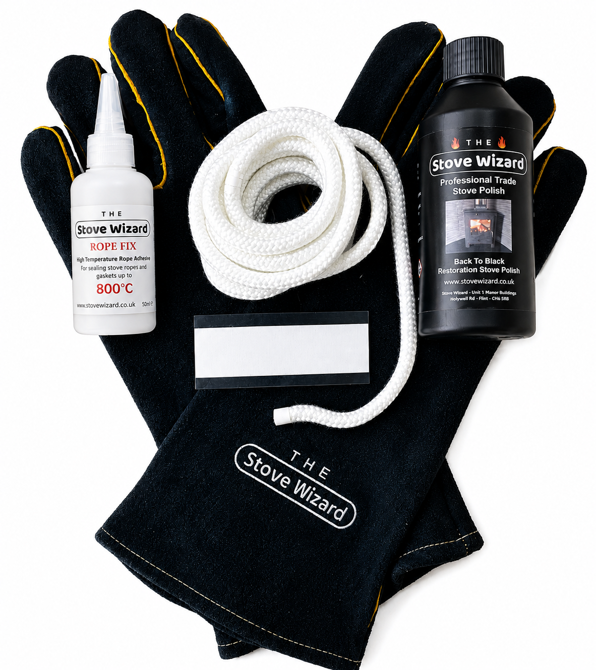 Black round stove rope kit with adhesive and accessories