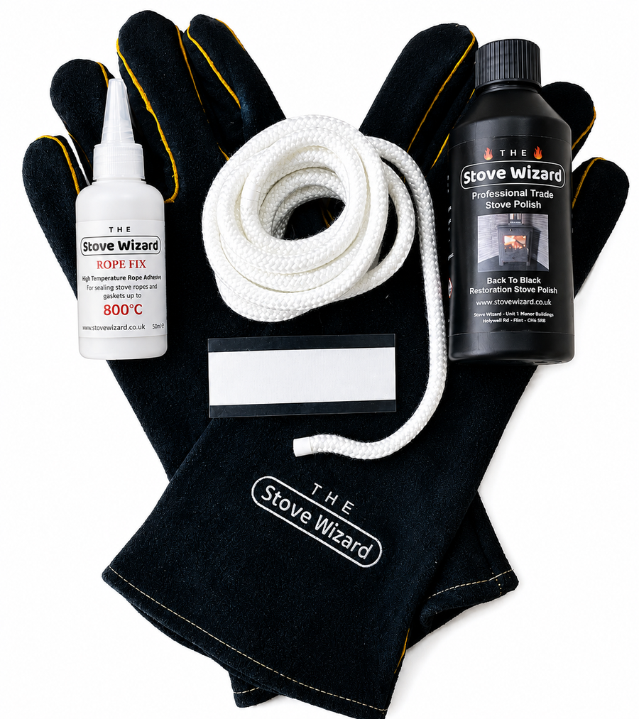Black round stove rope kit with adhesive and accessories