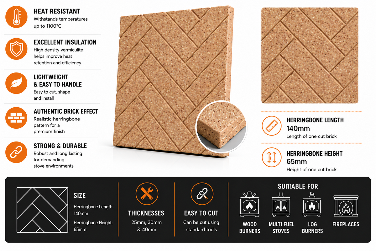 The Stove Wizard Vermiculite Fire Board – Decorative Stove Liner Panels | Multiple Patterns, Sizes & Thicknesses | Heat Resistant to 1200°C