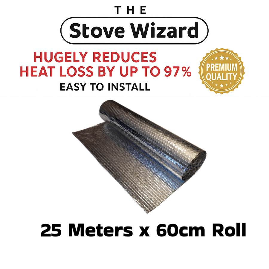 The Stove Wizard Foil Insulation Roll 25m x 60cm Radiator Reflector Panels for Floor Roof Wall and Ceiling Heat and Vapour Barrier Energy Saving Bubble Foil Wrap