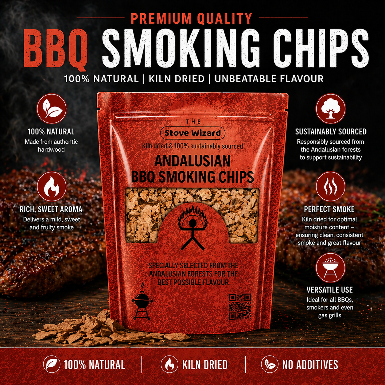 BBQ Smoker Smoking Chips 3.4 Litre Andalusian Artisan Premium Quality Natural Eco Friendly Wood Chips for Gas & Charcoal Grill Outdoor Cooking for Authentic BBQ Flavour