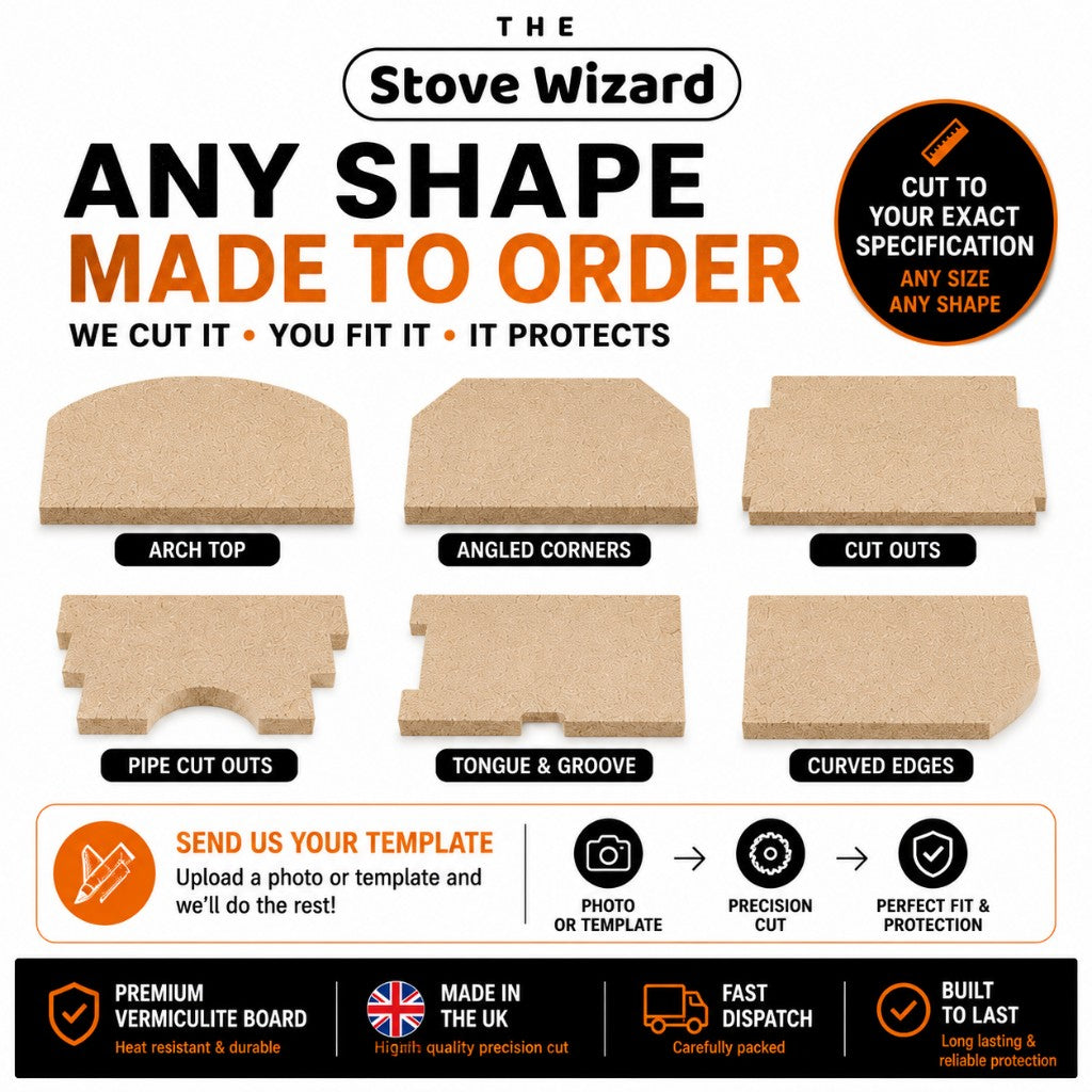 Any shape made to order — custom-cut vermiculite fire boards