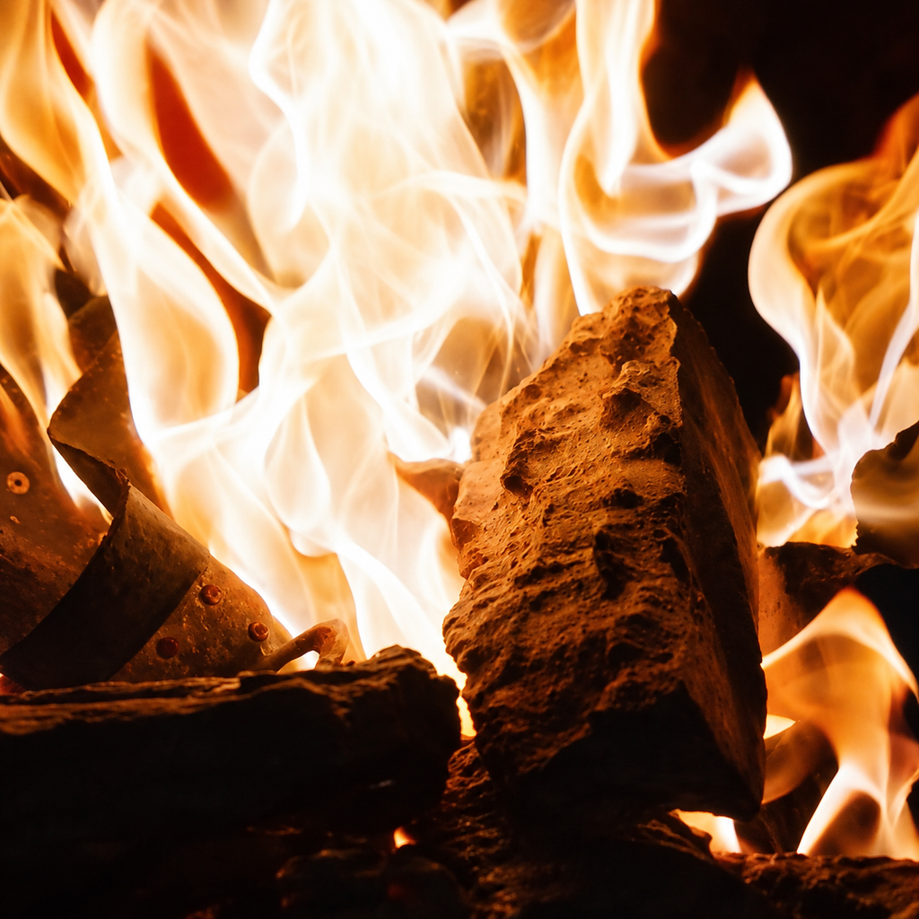 Game of Thrones ceramic log in flames on a fire bed