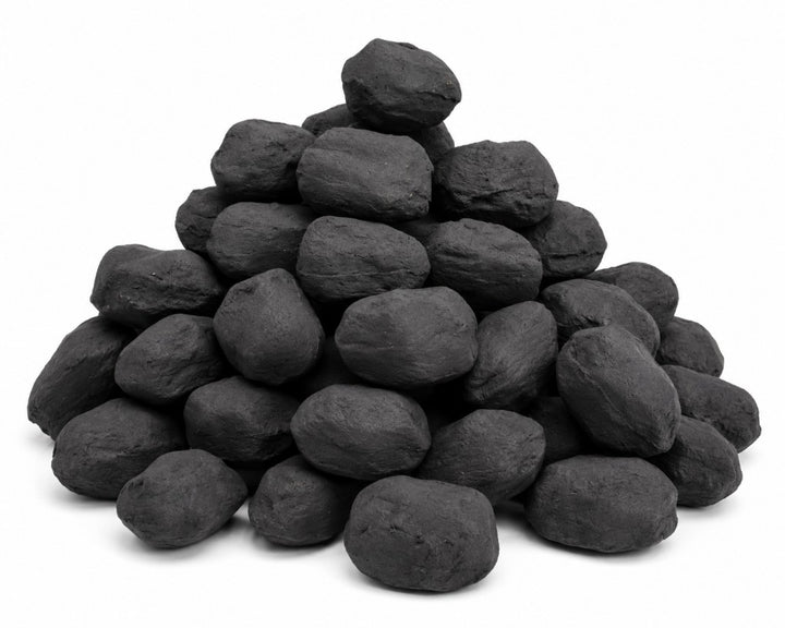 Gas fire coals, pebbles and logs — decorative ceramic media category (temporary product photo)