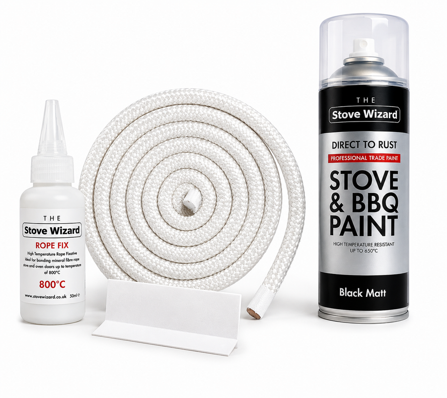 Black round stove rope kit with adhesive and accessories
