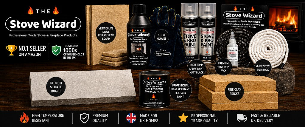 The Stove Wizard specialist stove and fireplace products — gloves, vermiculite and calcium silicate boards, polish, stove and BBQ paint, rope kits and fireback paint
