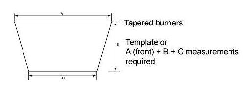 Tapered opening measurements A front, B depth and C rear