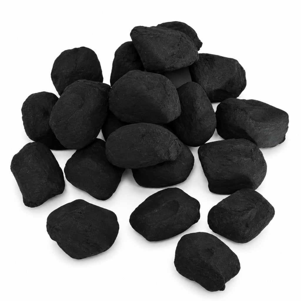 Random Cast ceramic gas fire coals in a pile on a white background.