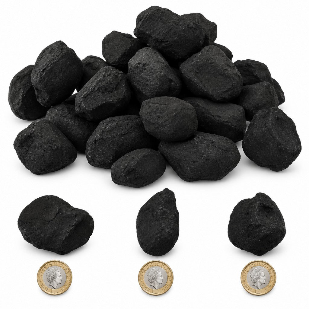 Random Cast ceramic coals compared with pound coins to show approximate size.