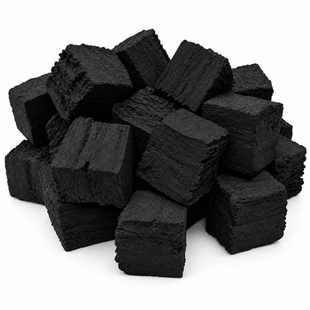 Square ceramic gas fire coals showing cube shape and textured faces.