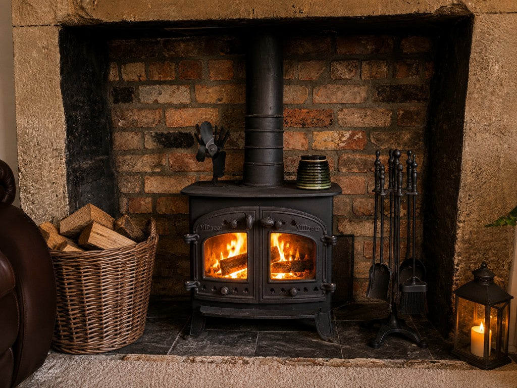 Traditional Villager wood burning stove in brick fireplace