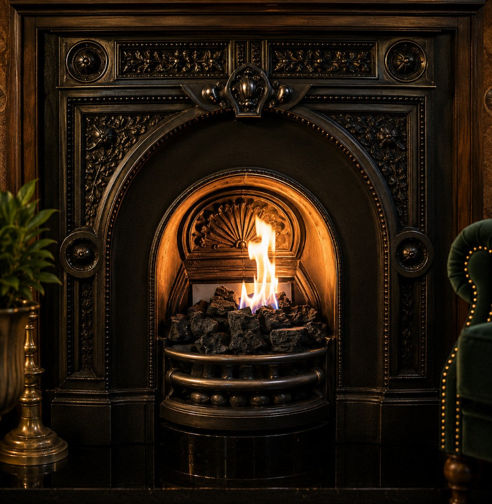Bio Ethanol inset fire with ceramic coals installed in a traditional fireplace