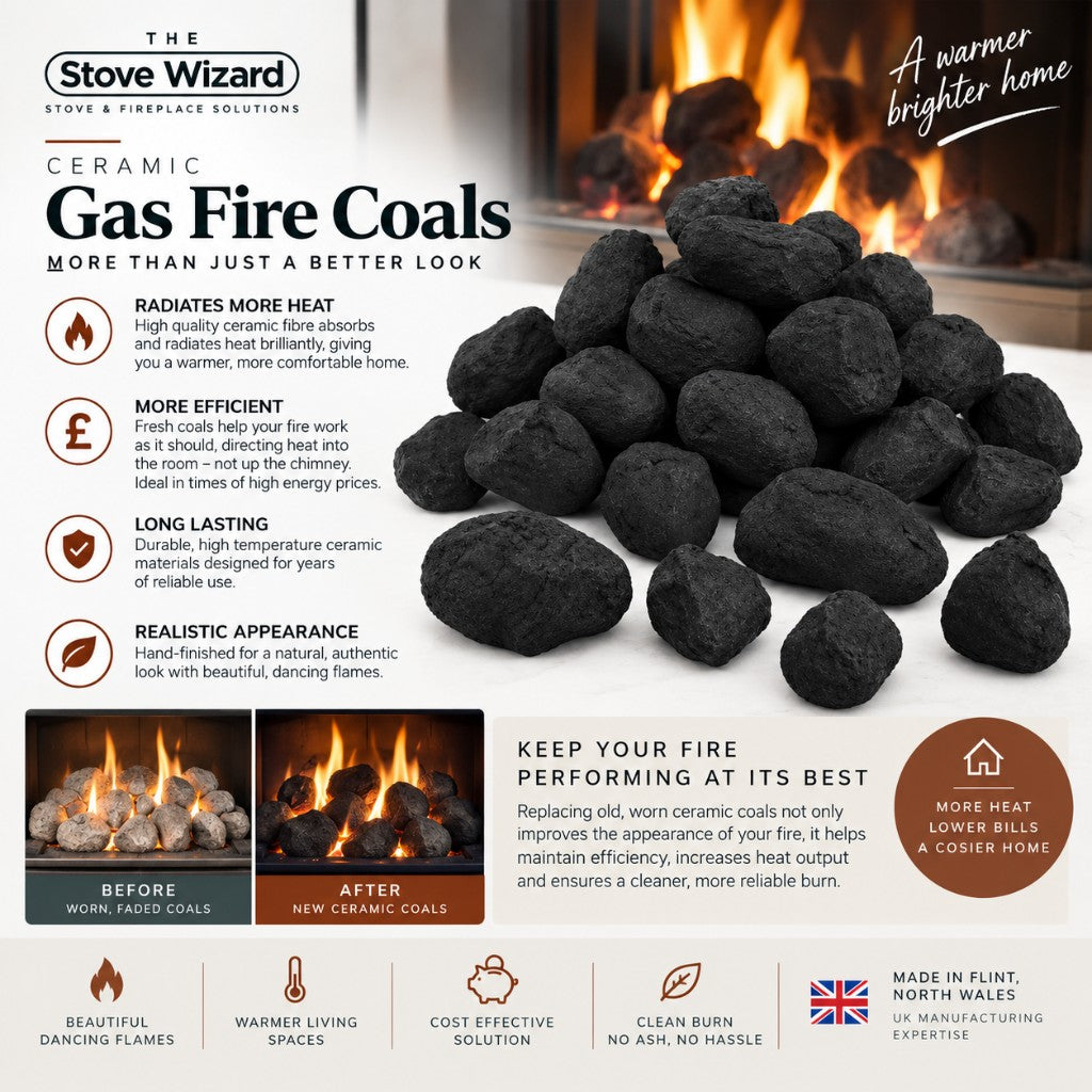 Ceramic gas fire coals: appearance and UK manufacturing.