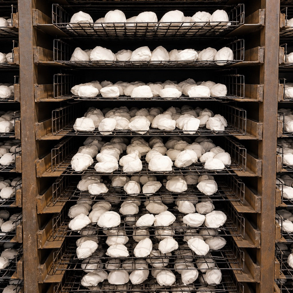 Freshly manufactured white ceramic coals on industrial drying racks at The Stove Wizard.