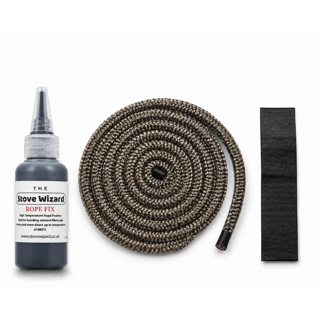 Black stove rope kit with Rope Fix adhesive and 100mm end-seal tape